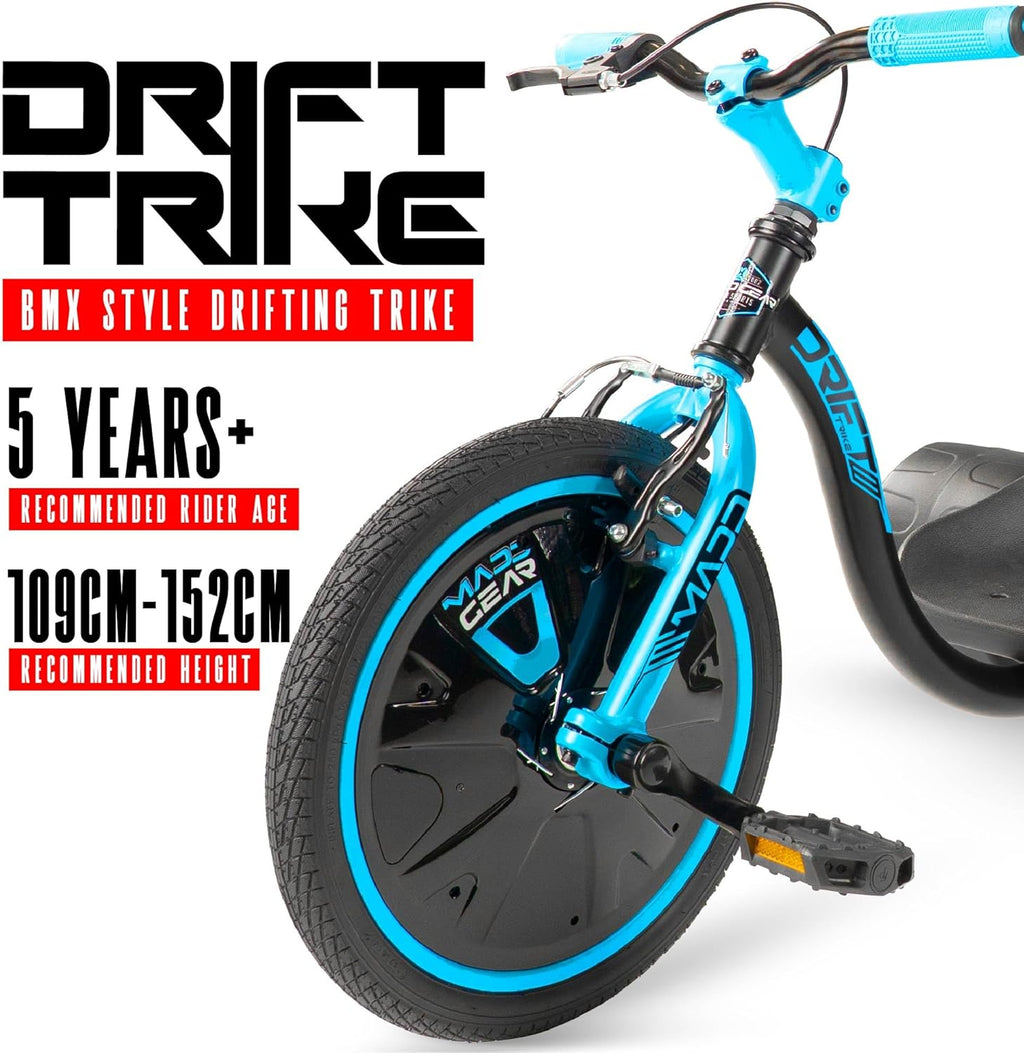 Drift Trike for Kids Ages 5+ – 16' Front Wheel Ride-On with Adjustable Seat, Steel Frame, Rear Slick Drift Wheels & Safety Flag – Madd Gear - (Black Blue)