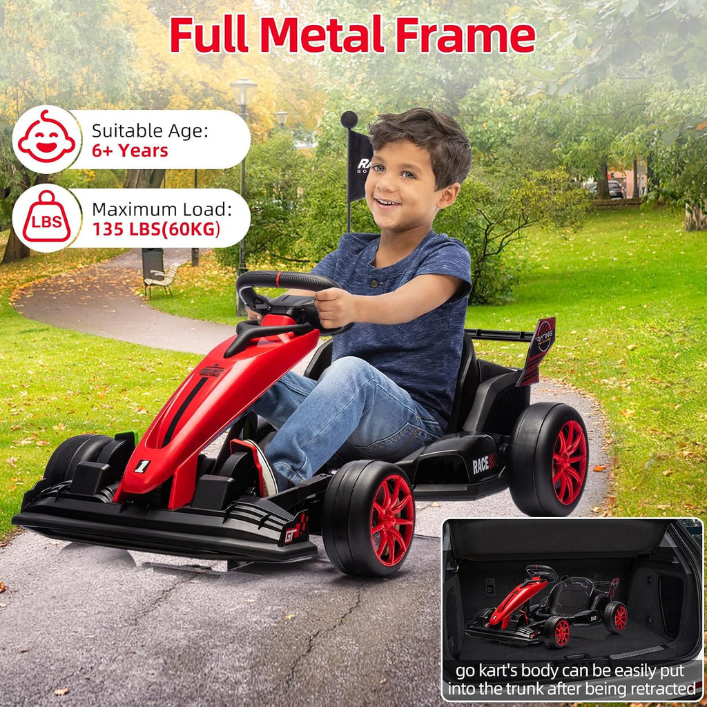 GarveeLife 24V Kids Ride on Go Kart, 7.5 mph Variable High Speed Drifting Car, 7ah Battery 200W*2 Motors,Adjustable Legroom for Kids Grows, Max Load 135 LBS, Power Display Racing Toy for 6+,Red