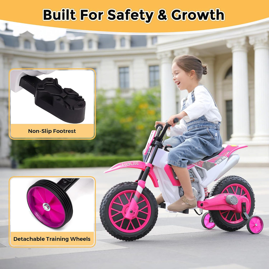 Toddler Motorcycle Kids Dirt Bike TOBBI 12 Volt Battery Powered Ride On Toys Electric Motorbike w/Training Wheels Gift for Boys Girls Ages 3-8 Years, Rose Pink