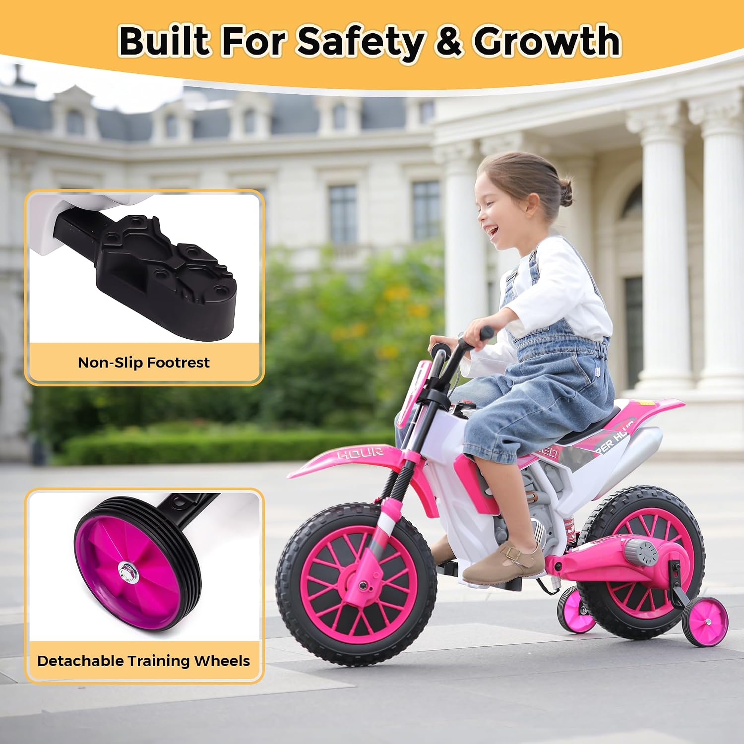 Toddler Motorcycle Kids Dirt Bike TOBBI 12 Volt Battery Powered Ride On Toys Electric Motorbike w/Training Wheels Gift for Boys Girls Ages 3-8 Years, Rose Pink