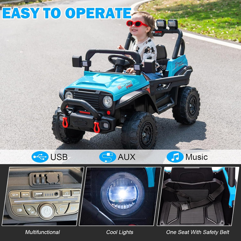 RunFast 12v Kids Ride on Car with Parent Remote Control,Electric Ride on Toys for Kids 3-5,3.7mph Max Speed,Battery Powered,Large Seat with Safety Belt,Aux Port,Gift for Boy&Girl(Blue, 12V)