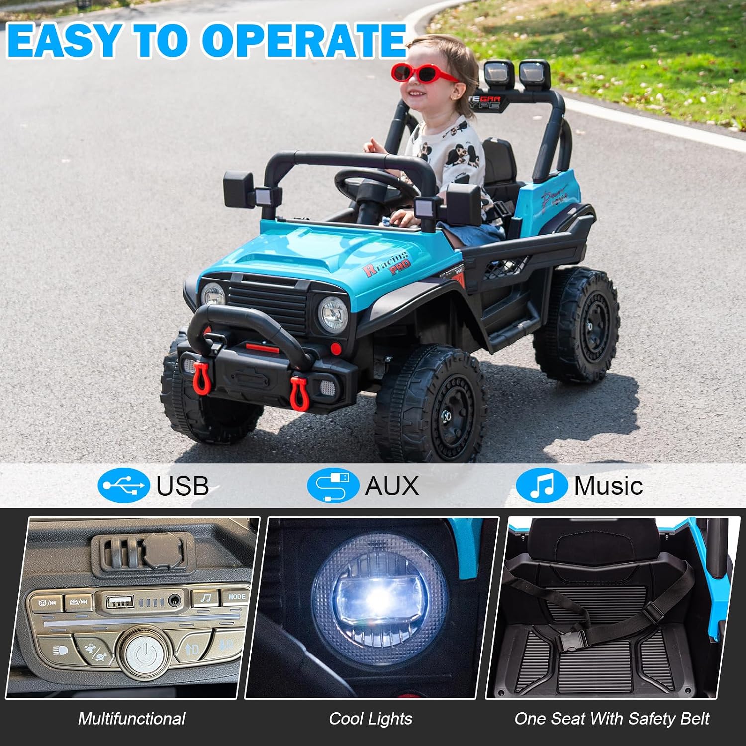 RunFast 12v Kids Ride on Car with Parent Remote Control,Electric Ride on Toys for Kids 3-5,3.7mph Max Speed,Battery Powered,Large Seat with Safety Belt,Aux Port,Gift for Boy&Girl(Blue, 12V)