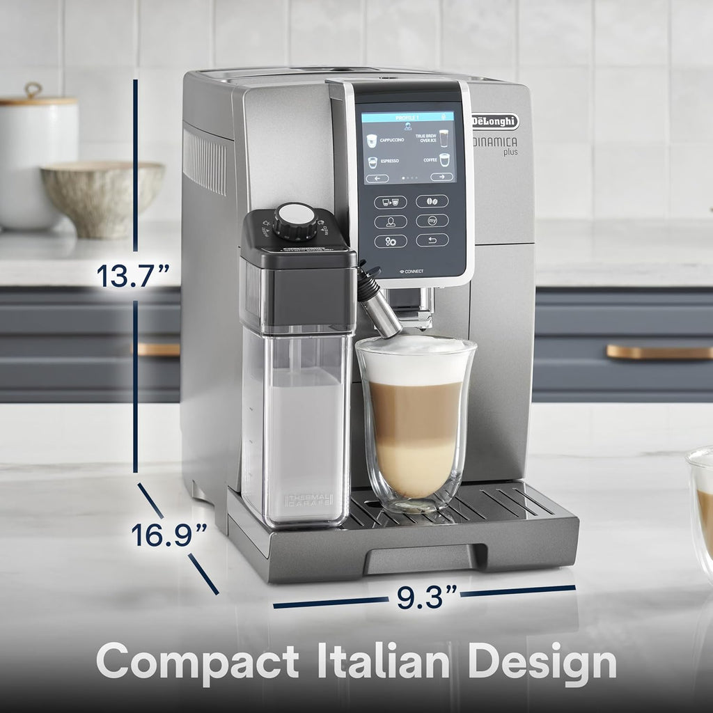 De'Longhi Dinamica Plus Connected Espresso & Coffee Machine with Automatic Milk Frother, 18 Recipes, Built in Grinder, App Compatible, LatteCrema Technology for Ideal Milk Texture, Color Touch Display