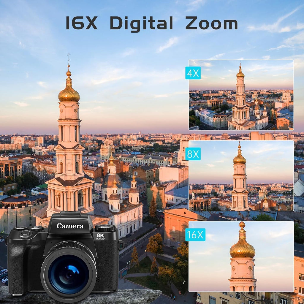8K Digital Camera for Photography, WiFi & 4' Touch Screen Vlogging Camera for YouTube with Dual-Lens, 64MP Vlog Cameras 16X Digital Zoom with 32GB TF Card, 3000mAh Battery, Lens Hood, Black