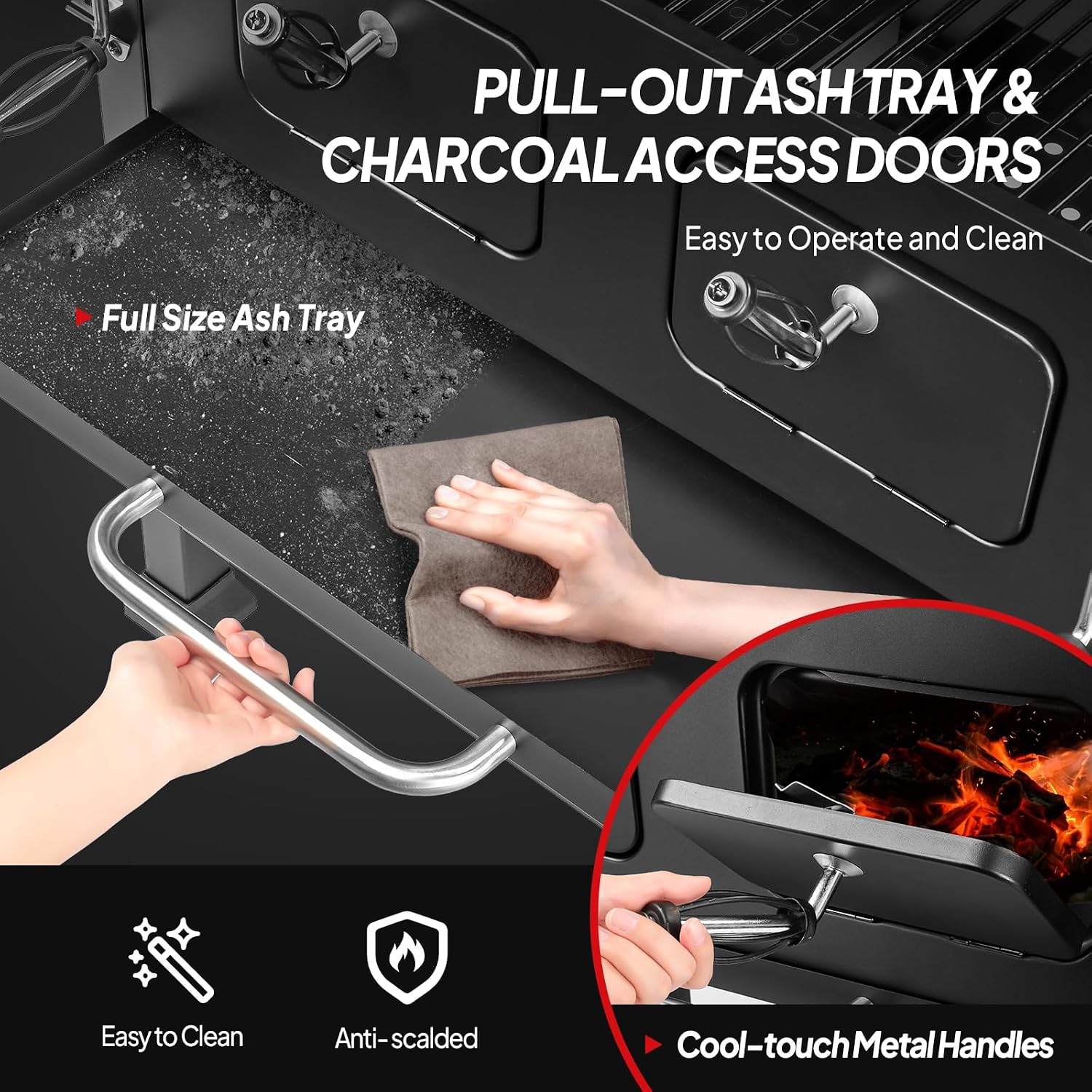 ROVSUN Charcoal Grill with Two Side Tables, Extra Large Cooking Area, Two Individual Lifting Charcoal Trays, Pull-out Ash Tray, Perfect BBQ Grill for Outdoor Picnic, Black