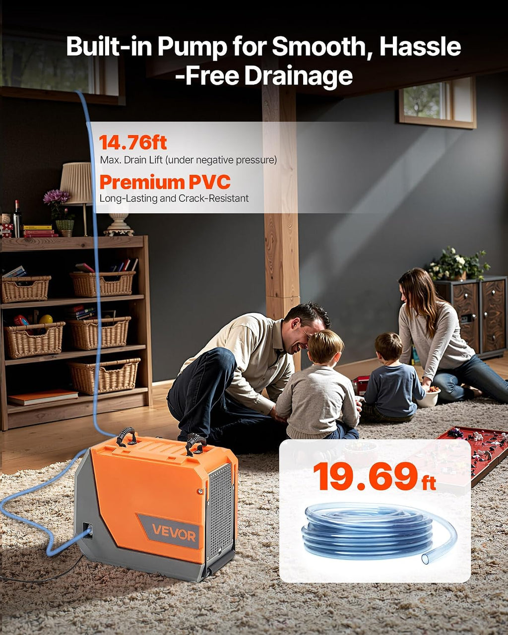 VEVOR 180 Pints Commercial Dehumidifier with Pump/Drain Hoses, Portable Crawl Space Dehumidifiers for Basement Storage Room Industrial Grade, Auto Defrost, Heavy-duty LLDPE,Foldable Handle