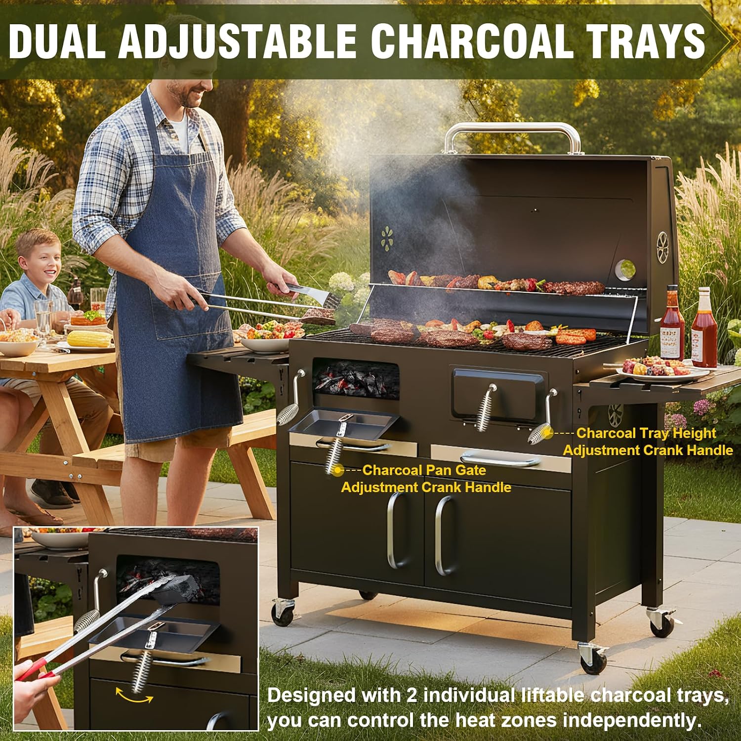 Bestfire Extra Large Charcoal BBQ Grill with Oversized Cooking Space, Dual Charcoal Trays, Enamel Grates & Chrome Warming Rack, Outdoor Barbecue Smoker with 4 Wheels & Side Tables