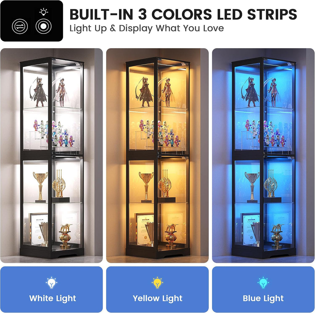Glass Display Cabinet with Doors, 65' Tall 4-Tier Curio Display Case with 3 Color Lights and Human Body Sensor, Bookcase for Collectibles, Black