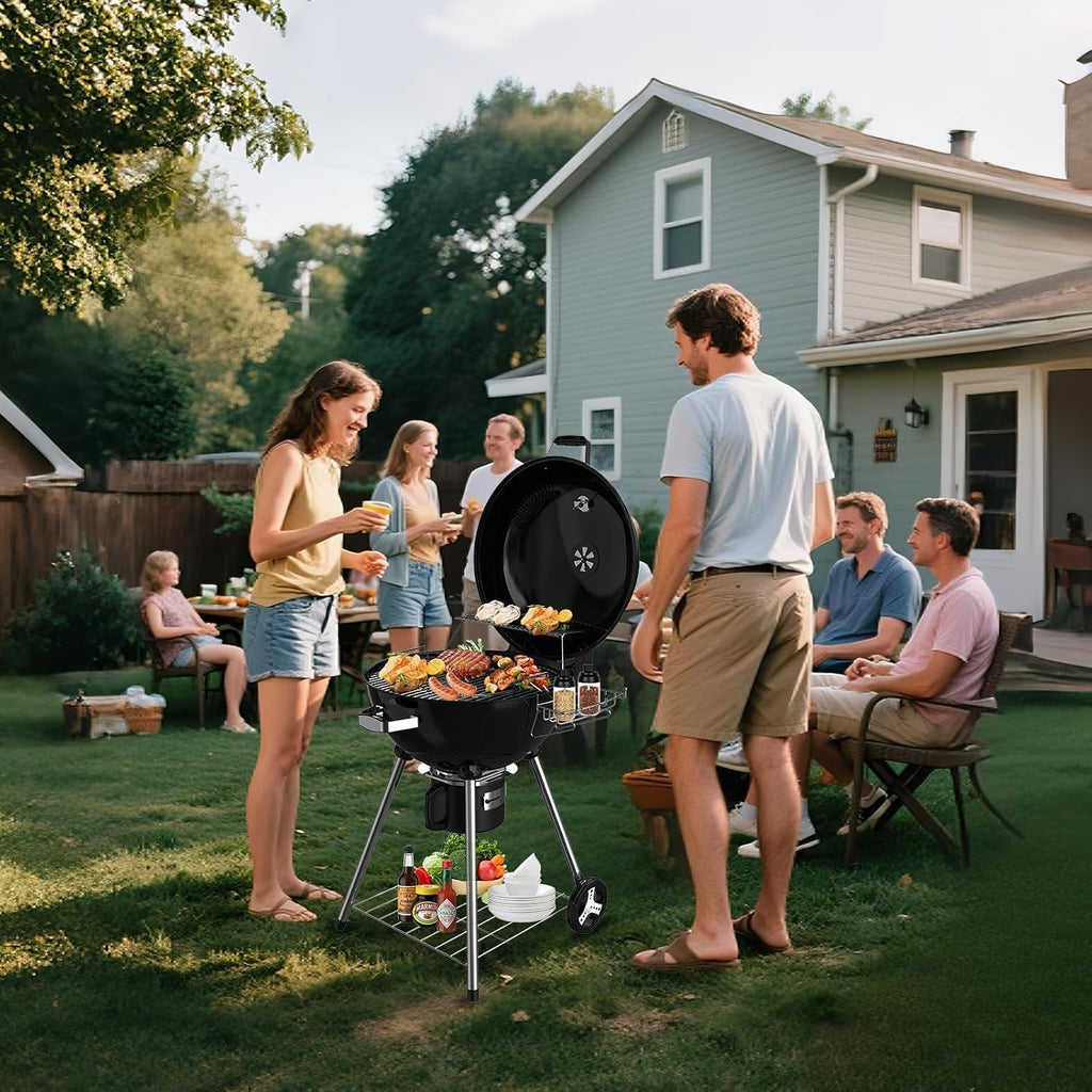 22.5-Inch Portable Charcoal Grill, Heavy Duty Kettle BBQ Smoker with Built-in Thermometer & Removable Water-Rinsable Ash Catcher for Outdoor Camping, Patio, Backyard, and Tailgating