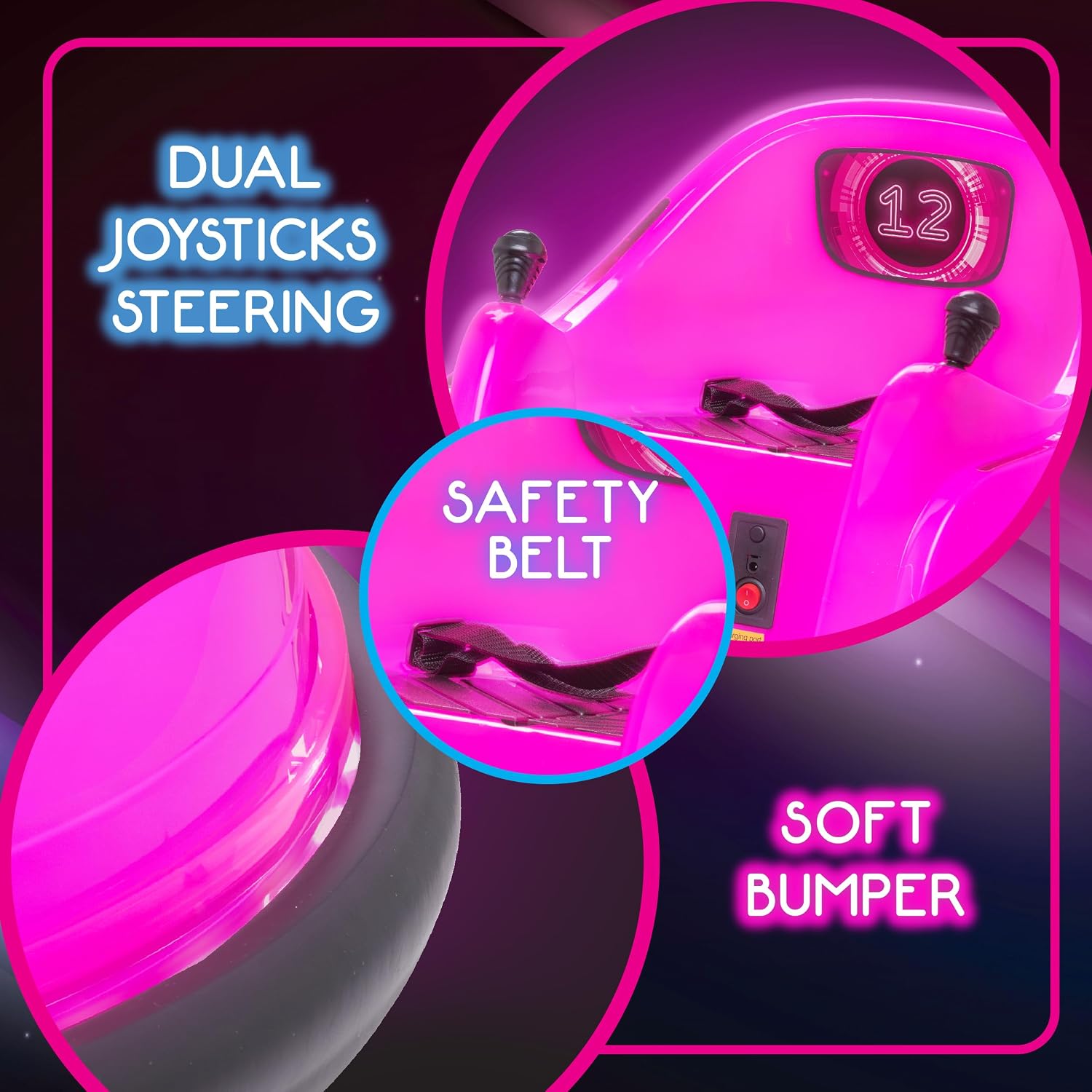 Flybar 6V Pink Glow Bumper Car for Kids – LED Ride-On Toy with 360° Spin, Rechargeable Battery, and Soft Rubber Bumpers – Safe Indoor Fun for Toddlers Ages 1.5+, Up to 66 lbs