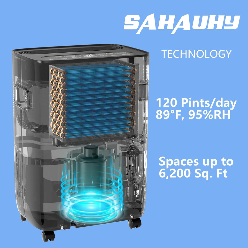 SAHAUHY 120 Pints Dehumidifier for Home Bedroom Garage Basement Stockroom and Large Room Spaces up to 6,200 Sq. Ft with Drain Hose and Water Tank