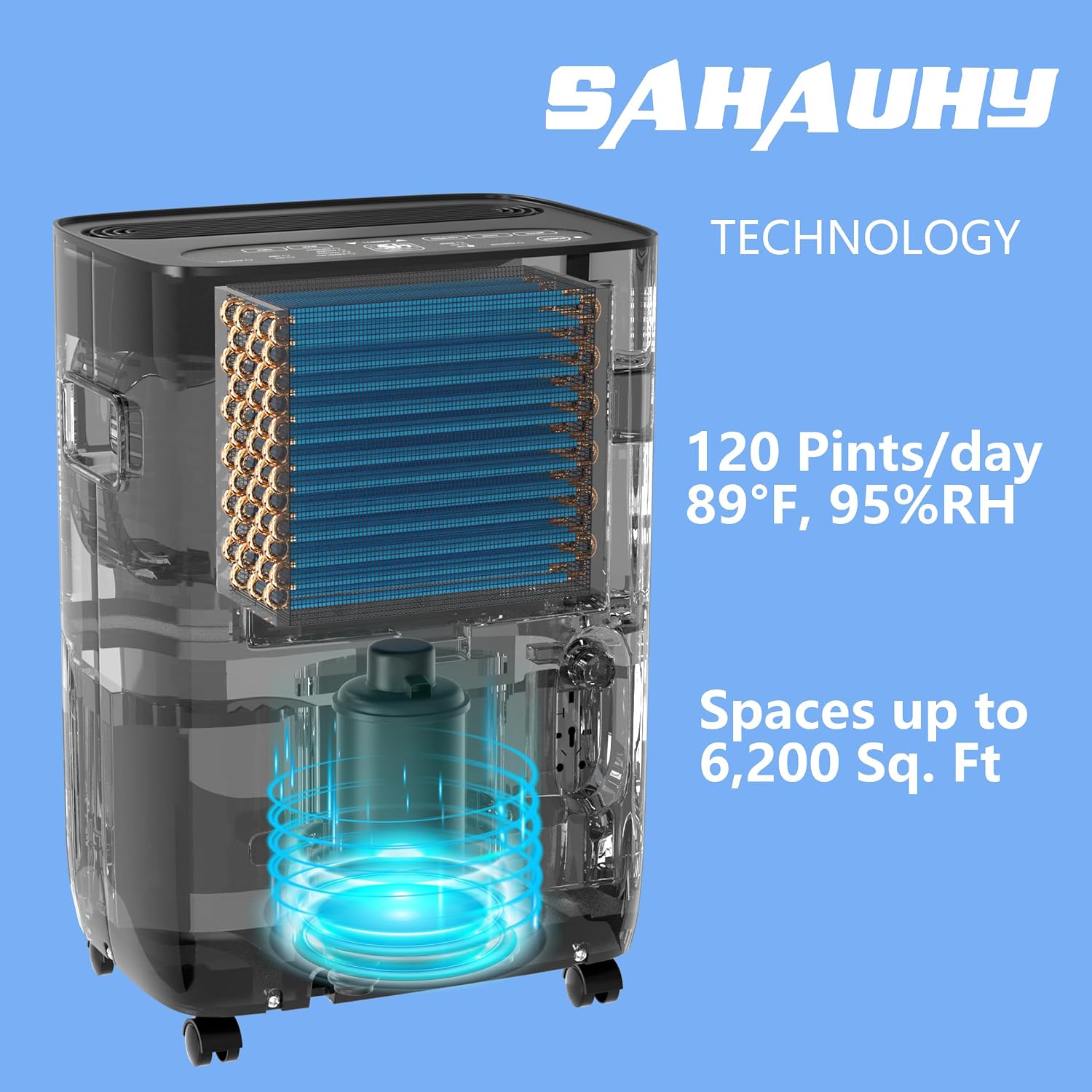 SAHAUHY 120 Pints Dehumidifier for Home Bedroom Garage Basement Stockroom and Large Room Spaces up to 6,200 Sq. Ft with Drain Hose and Water Tank