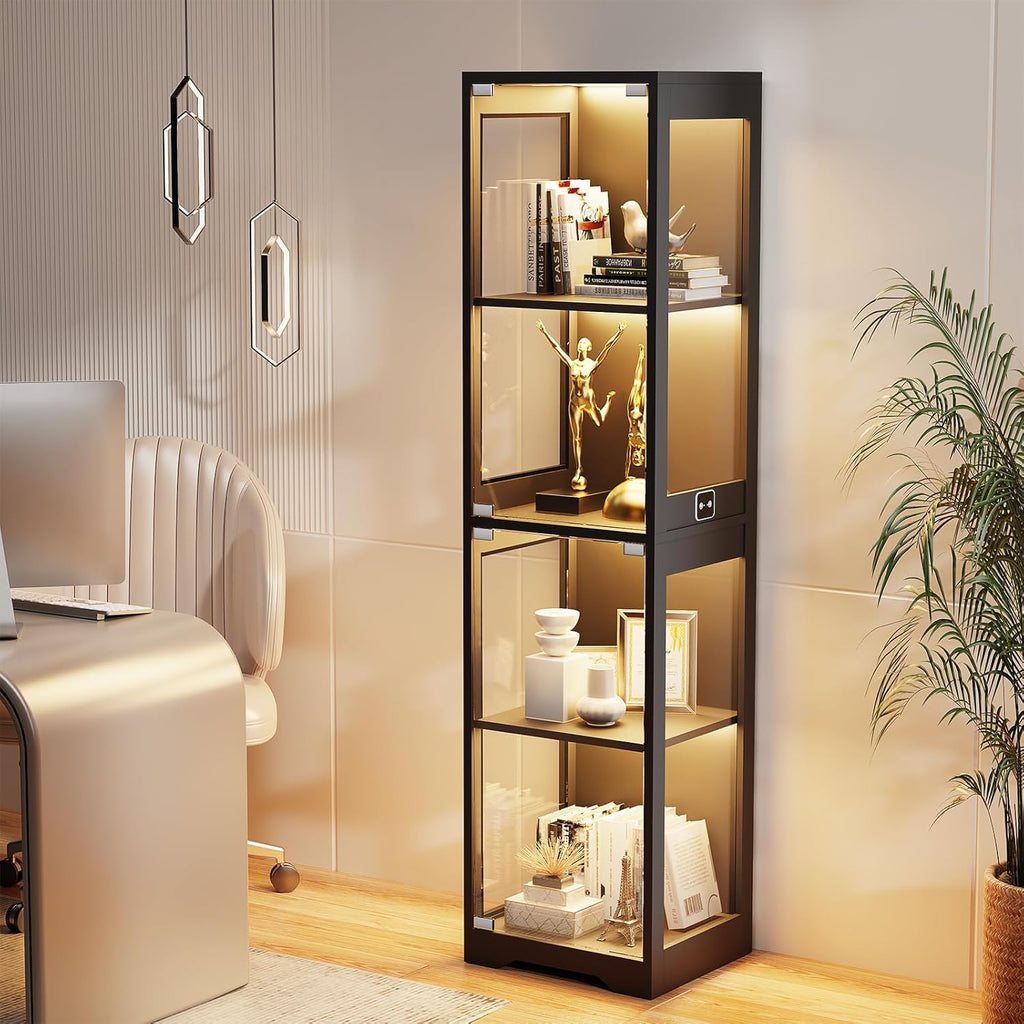 BROTTAR Glass Display Cabinet, 4-Tier Curio Cabinets with 3 Color Lights for Collectibles, Storage Cabinet with Door, Glass Display Case & Bookcase with Human Body Sensor, Black