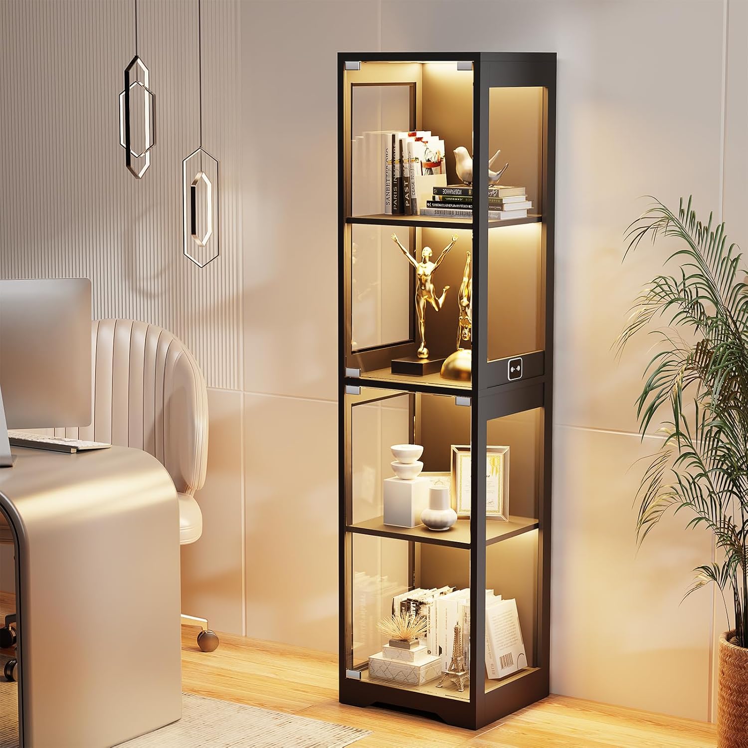 BROTTAR Glass Display Cabinet, 4-Tier Curio Cabinets with 3 Color Lights for Collectibles, Storage Cabinet with Door, Glass Display Case & Bookcase with Human Body Sensor, Black