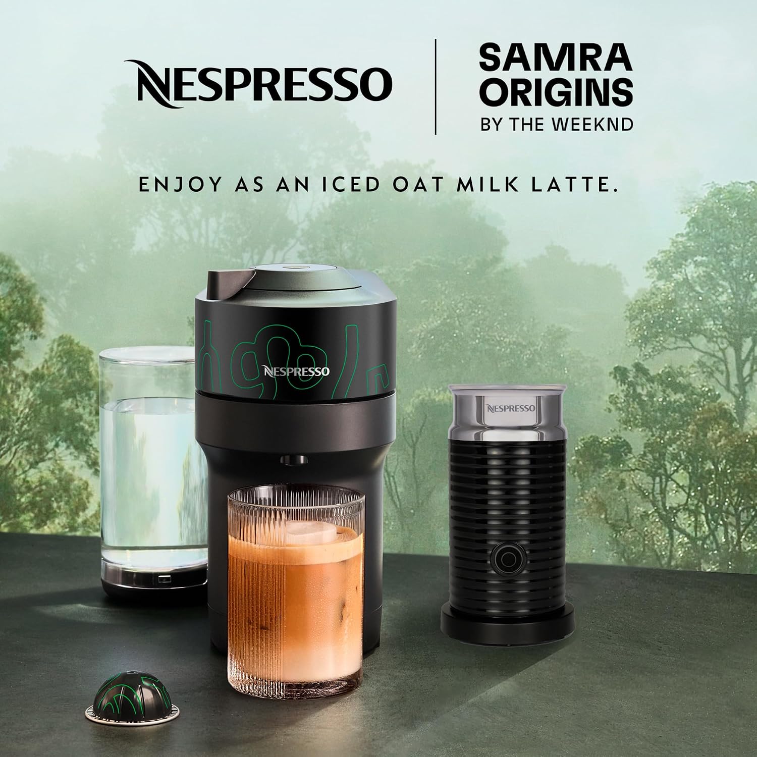 Nespresso Vertuo Pop+ Coffee and Espresso Maker by Breville, Samra Origins by The Weeknd Vertuo Metad Green Machine and Nespresso Aeroccino3 milk frother