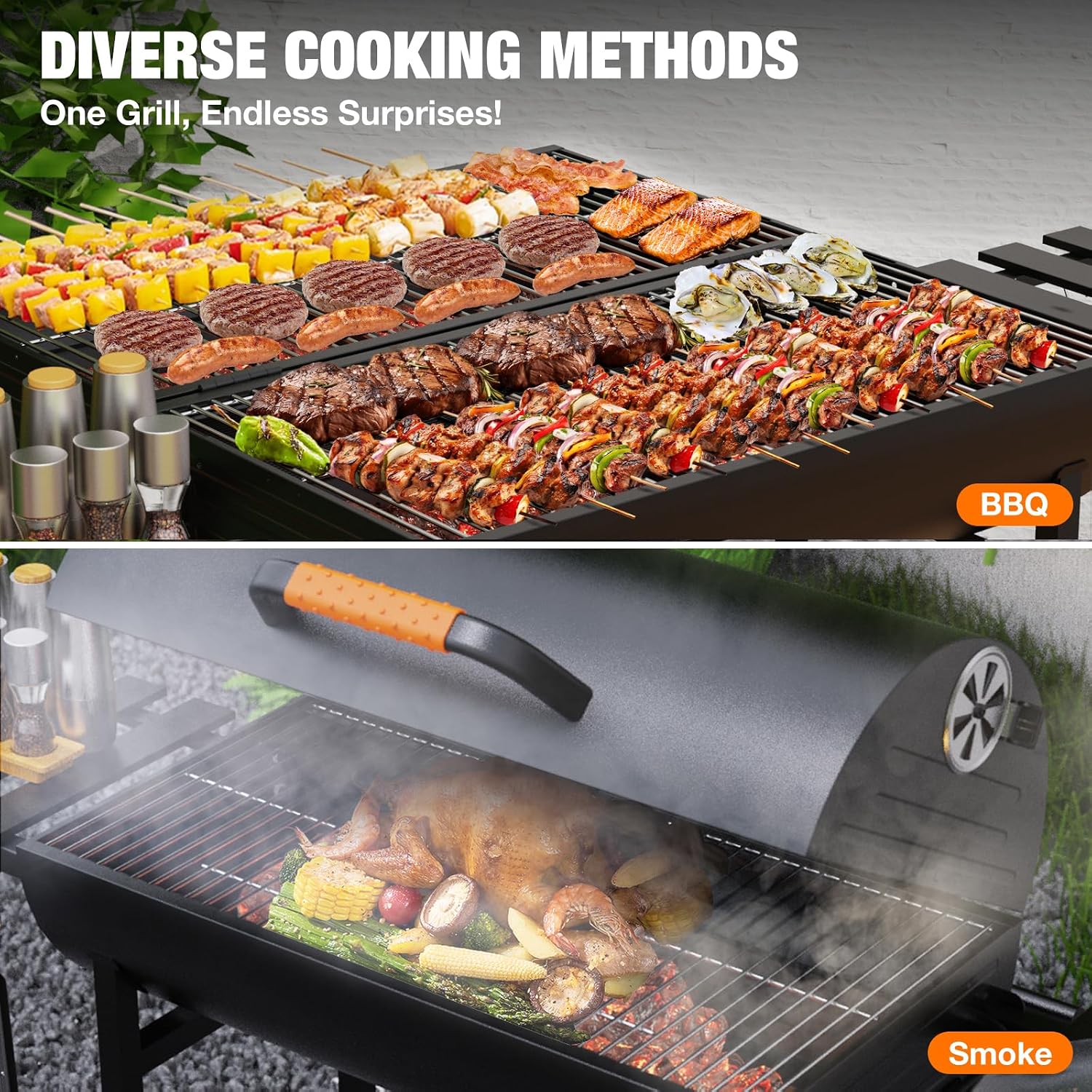 Extra Large Charcoal Barbecue Grill, 871 Square Inches Cooking Space, Outdoor Barrel BBQ Grill with 2 Foldable Side Tables for Outdoor Backyard Patio Picnic Parties Camping, Black