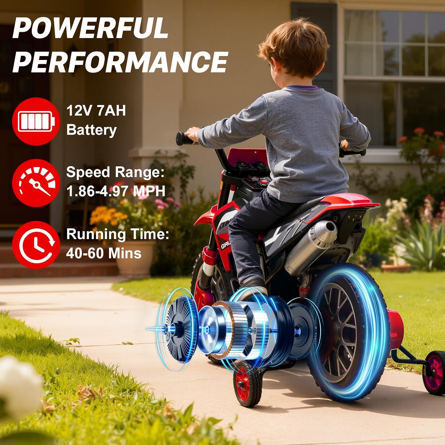 12V Kids Motorcycle w/Treaded Tires, 3.1mph Top Speed Electric Bike for Kids, Training Wheels, Music & Bluetooth, Spring Suspension, Age 3-8 Year Old, Red