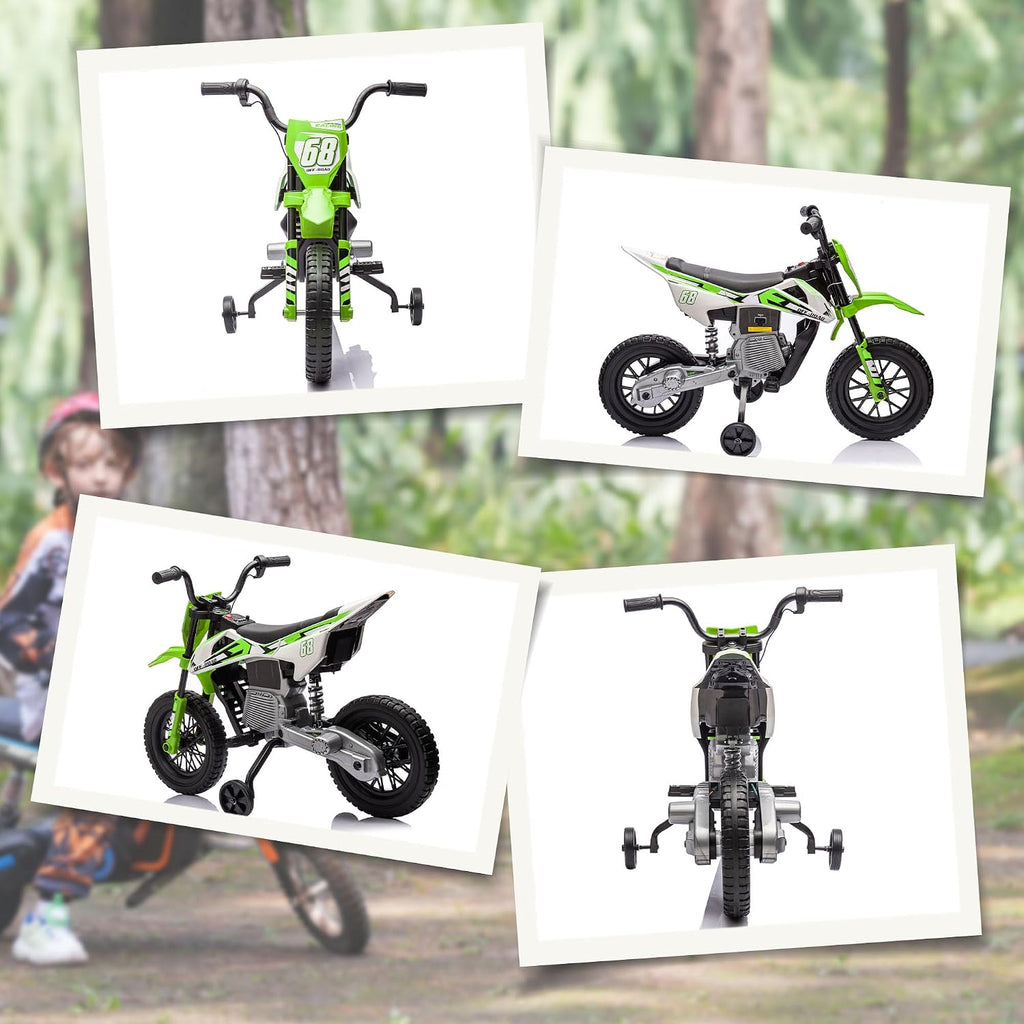 Qaba Kids Dirt Bike with Twist Grip Throttle, 12V Electric Motorcycle, Electric Bike for Toddler with Training Wheels, Spring Suspension & Music, Green