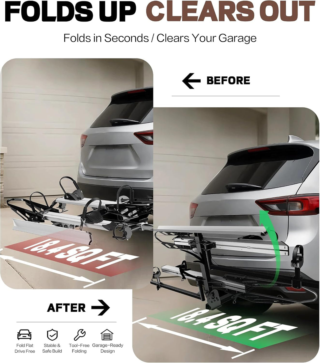 RokRack Plus Foldable 2 Ebike Rack with Ramp, 200 lbs Capacity Electric Bike Carrier Platform Mount, Hitch Bike Rack for Car SUV with Hitch Stabilizer, Lock Pin, Rain Cover & Lock