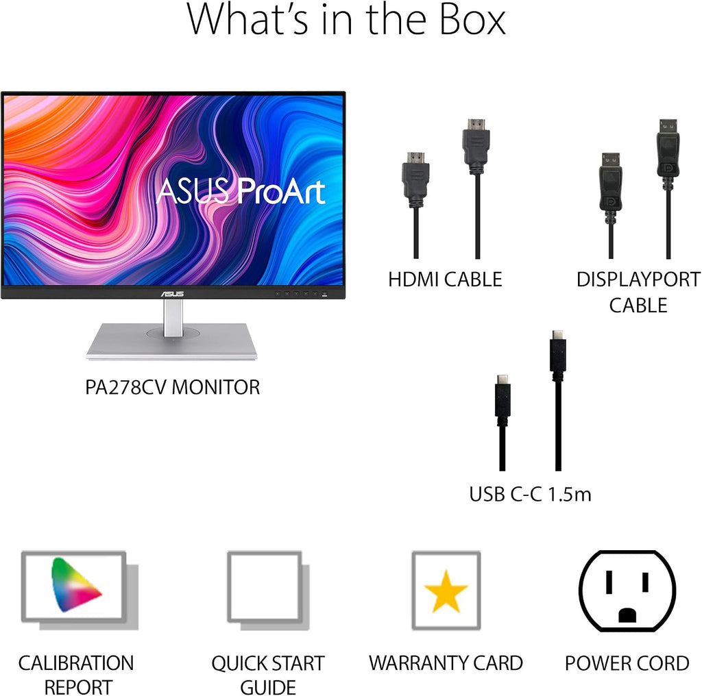 ASUS ProArt Display 27' Monitor PA278CV - WQHD (2560 x 1440), IPS, 100% sRGB, 100% Rec. 709, ΔE < 2, Calman Verified, USB Hub, USB-C, DisplayPort Daisy-Chaining, HDMI, Eye Care, Height Adjustable