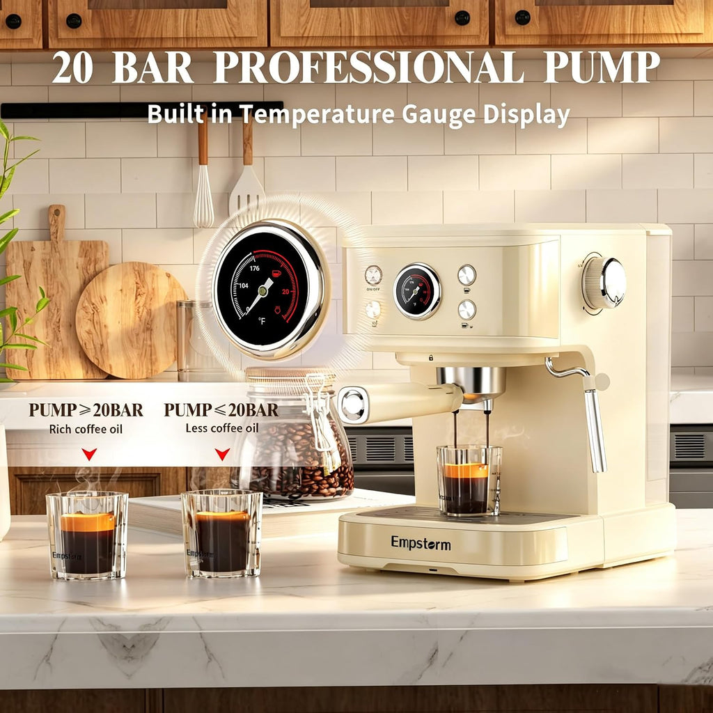Empstorm Espresso Machine 20 Bar, 2 in 1 Espresso Maker with Milk Frother Steam Wand for Latte and Cappuccino, Powder and Capsule Portafilter, 50oz Removable Water Tank Coffee Machine for Home-White