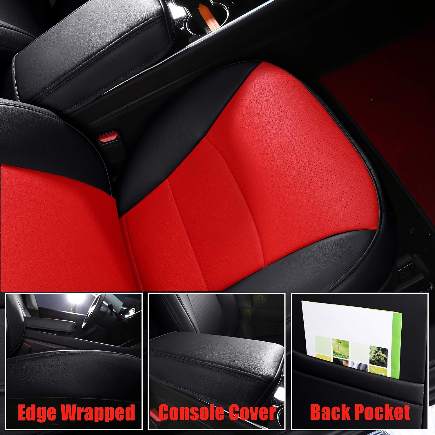 Seat Cover Custom Fit for Tesla Model 3 Model Y Synthetic Leather Car Seat Cushion Protector for 2017 2018 2019 2020 2021 2022 All Season Customized (2 Front Black& Red)