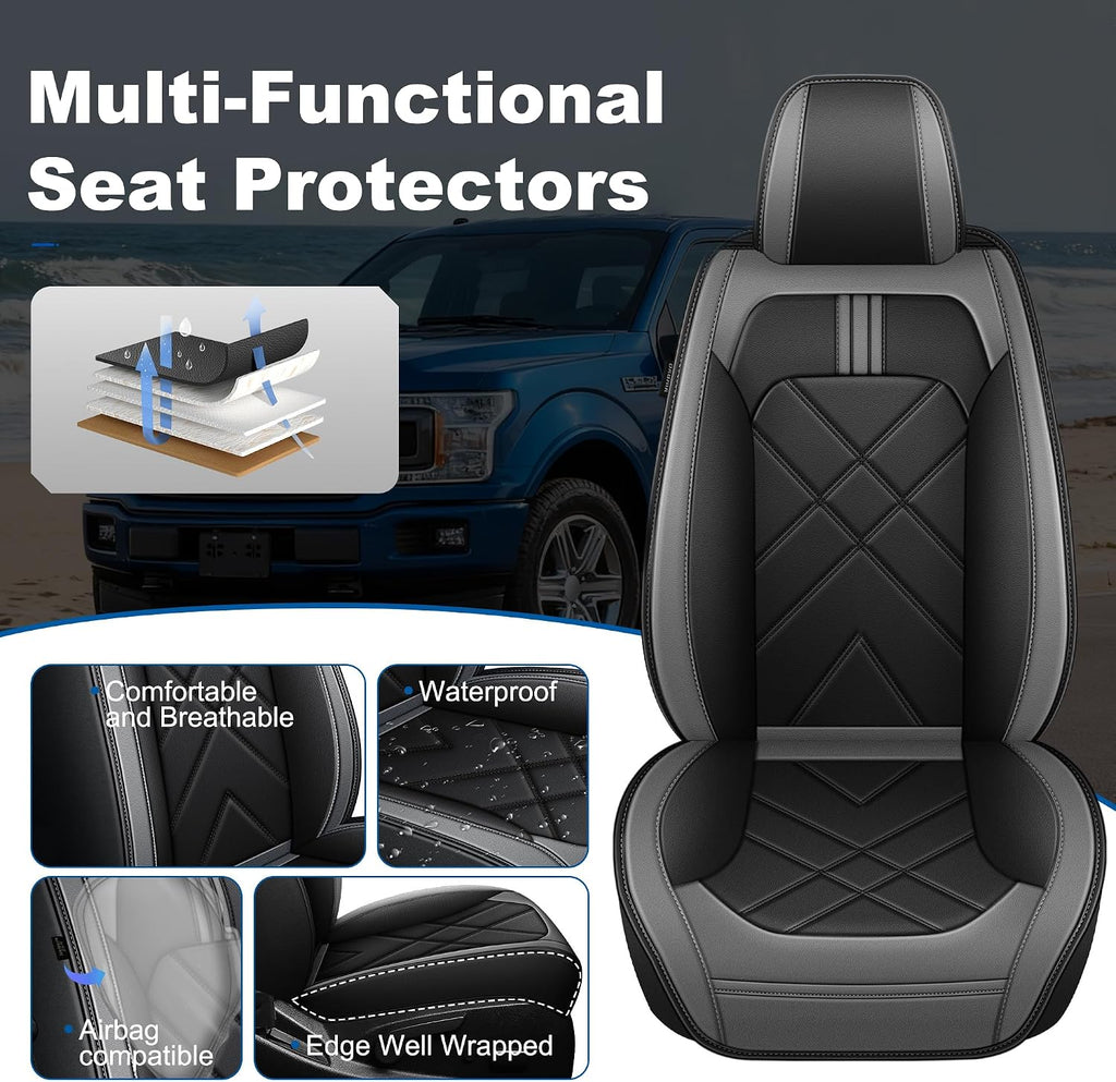 Truck Seat Covers Fit for 2007-2025 2026 Chevrolet Chevy Silverado & GMC Sierra 1500 2500 3500 HD Crew Double Extended Cab Waterproof Leather Seat Protectors (5pc Full Set, Black & Grey)