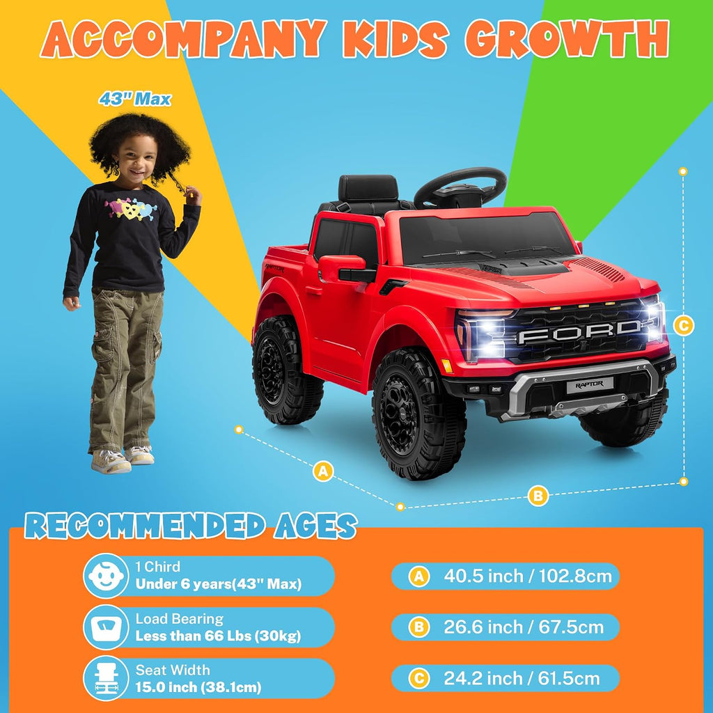 ENYOPRO 12V Licensed Ford Raptor Kids Ride On Truck, Electric Toy Car for Children w/Parent Remote Control, LED Lights, Bluetooth, Battery-Powered Ride On Car for Boys & Girls Ages 3 and Up, Red