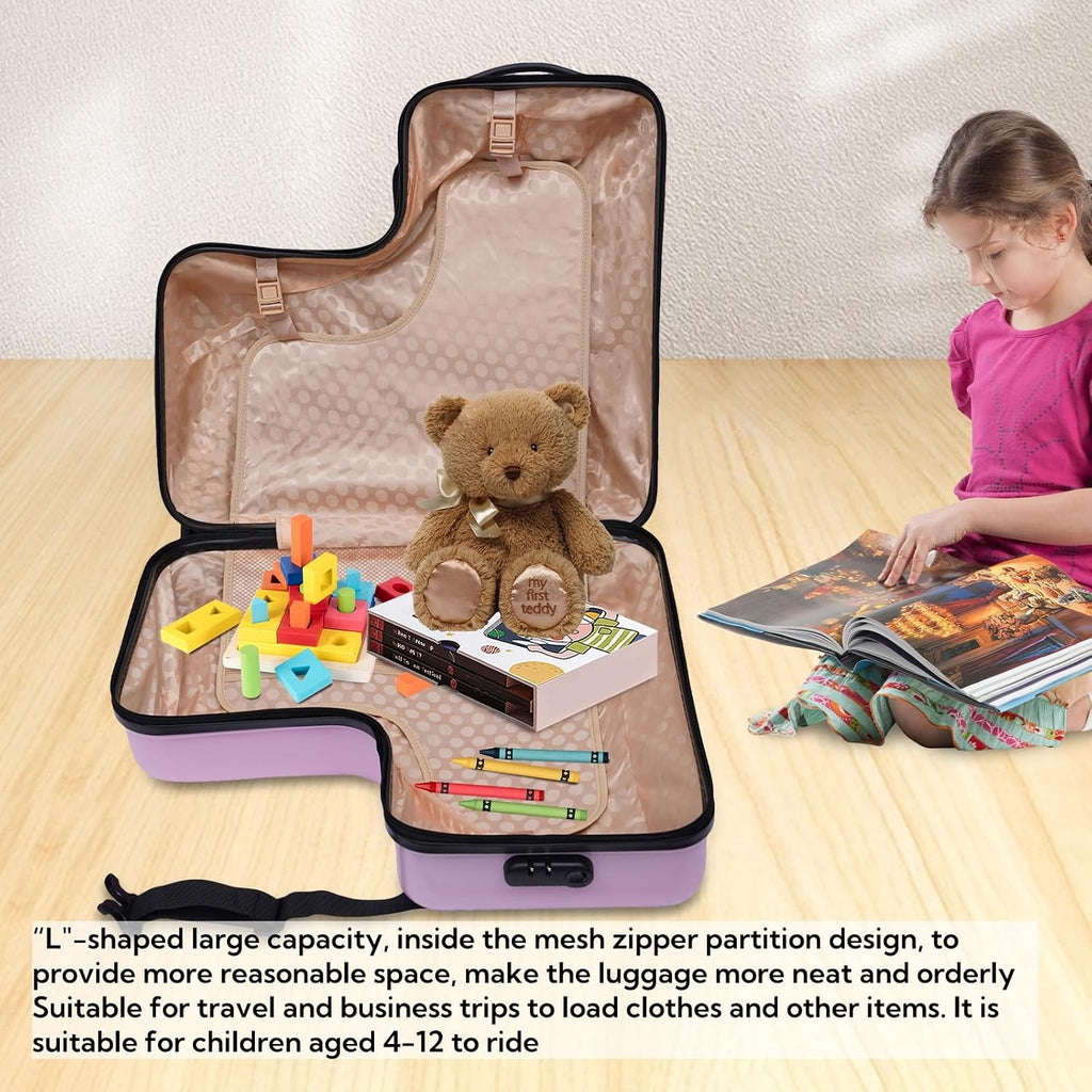Ride on Kids Luggage, 24' Carry-on Suitcase with Double-row Universal Wheels Portable Rolling Luggage with Password Lock Unisex Riding Suitcase for Ages 4-12, Pink