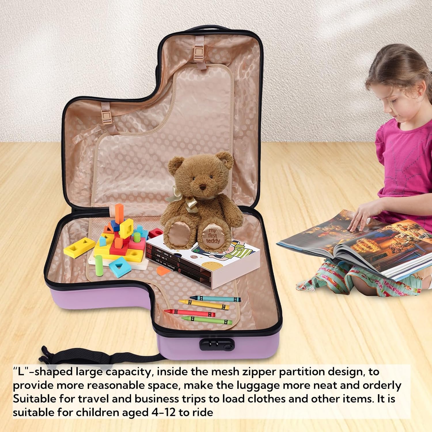 Ride on Kids Luggage, 24' Carry-on Suitcase with Double-row Universal Wheels Portable Rolling Luggage with Password Lock Unisex Riding Suitcase for Ages 4-12, Pink