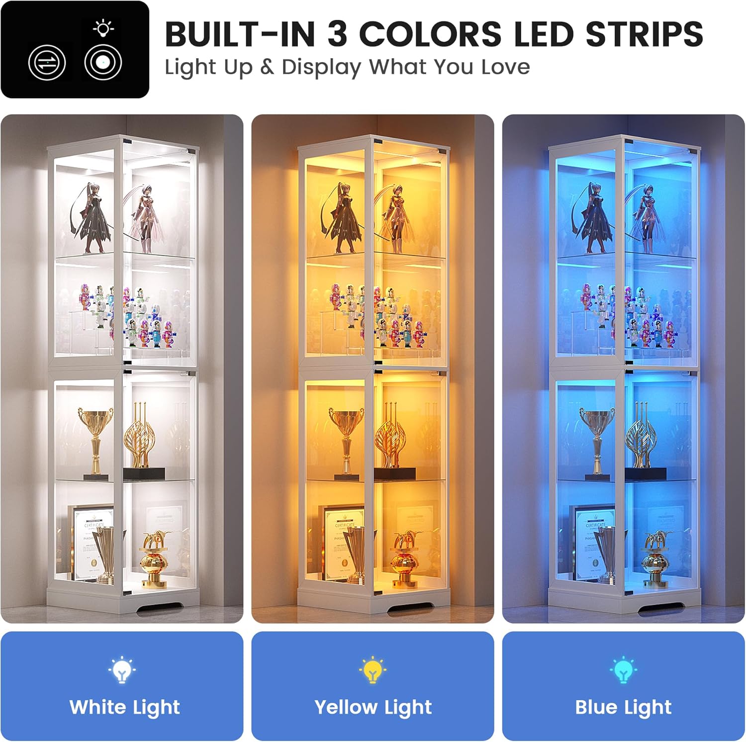 Glass Display Cabinet with Doors, 65' Tall 4-Tier Curio Display Case with 3 Color Lights and Human Body Sensor, Bookcase for Collectibles, White