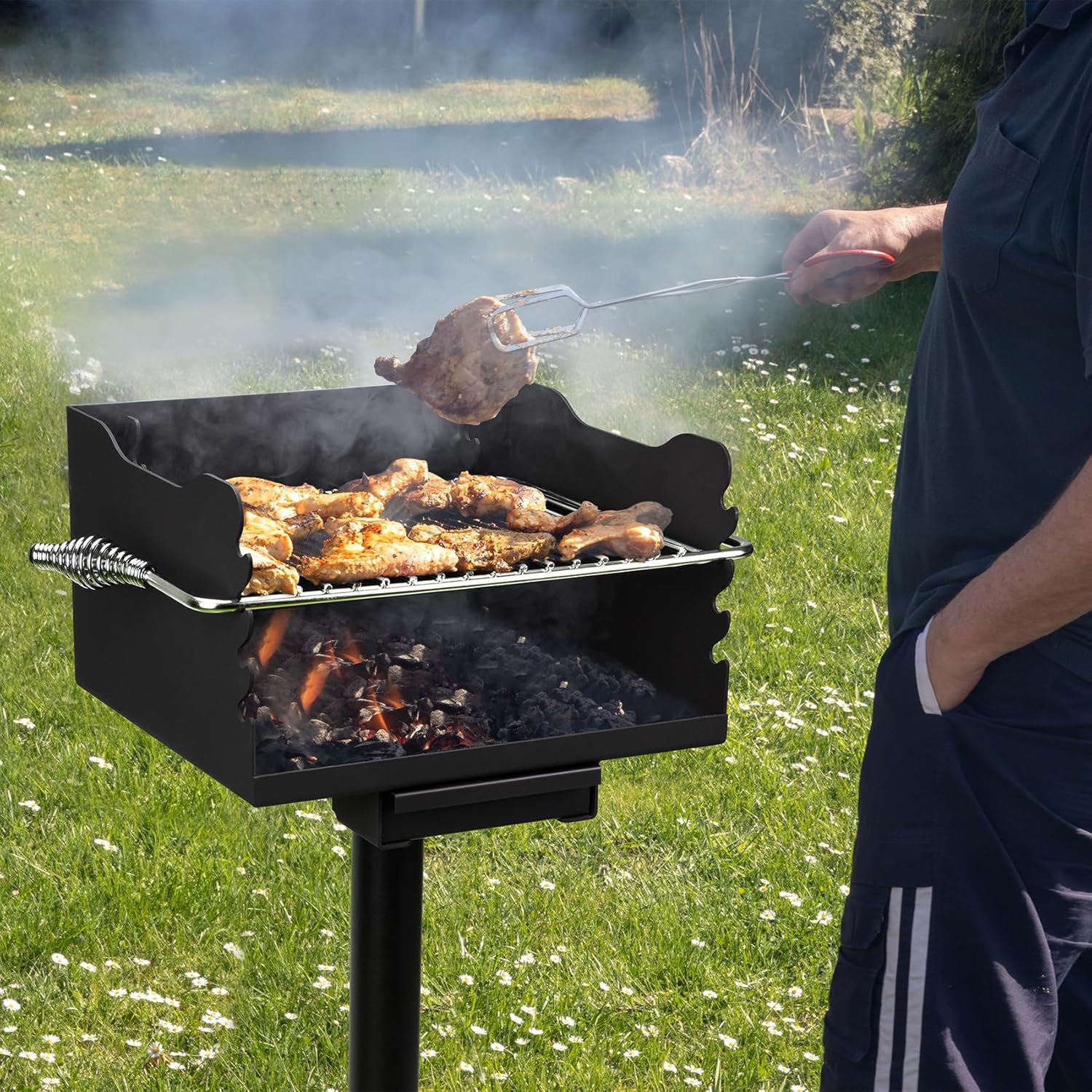 Stanbroil Charcoal Barbecue Grill for Outdoor, Heavy Duty Steel Park BBQ Grill with Stainless Steel Cooking Grate and Above/In Ground Post for Camping and Backyard