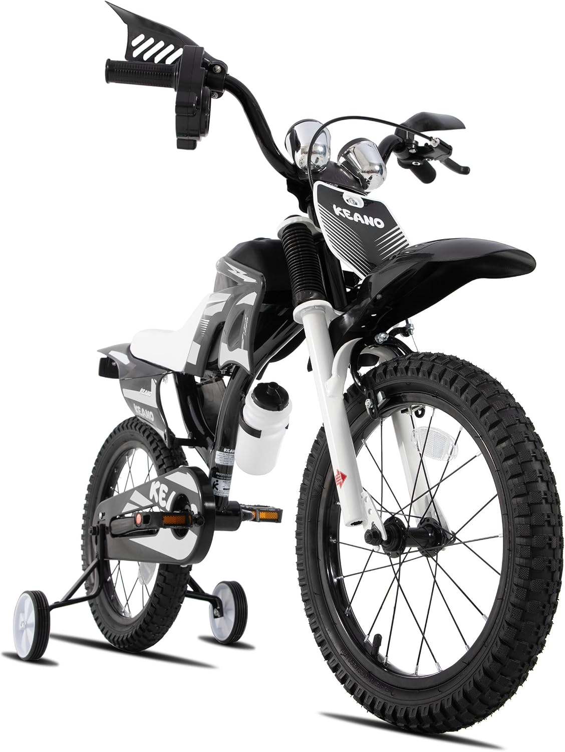 KEANO Motocross Style Kids Bike for Boys Girls Ages 3-7 Years, 12 & 16 Inch Bikes with Training Wheels and Number Plate, Children Bicycles Black