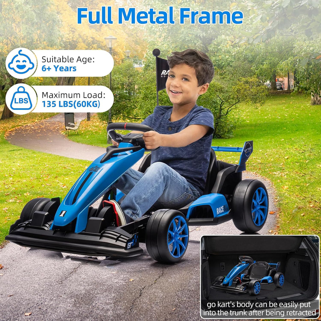 GarveeLife 24V Kids Ride on Go Kart, 7.5 mph Variable High Speed Drifting Car, 7ah Battery 200W*2 Motors,Adjustable Legroom for Kids Grows, Max Load 135 LBS, Power Display Racing Toy for 6+,Blue