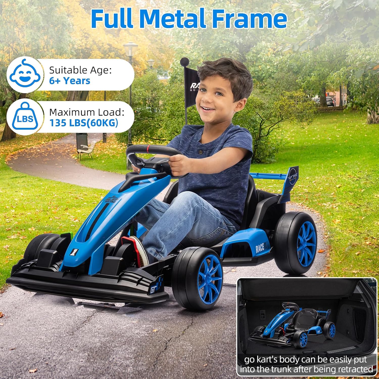 GarveeLife 24V Kids Ride on Go Kart, 7.5 mph Variable High Speed Drifting Car, 7ah Battery 200W*2 Motors,Adjustable Legroom for Kids Grows, Max Load 135 LBS, Power Display Racing Toy for 6+,Blue