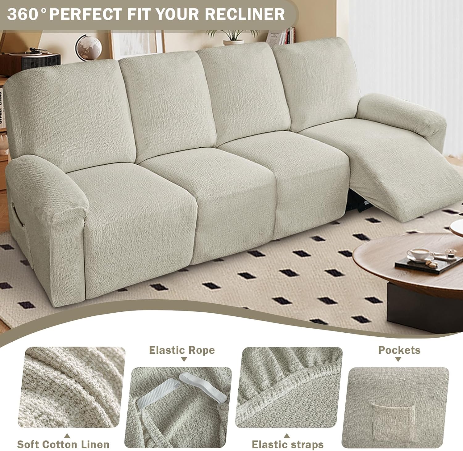 vctops 10 Pieces Cotton Linen Recliner Sofa Covers Rustic Stretch Soft 4 Seats Couch Cover Anti-Slip Sofa Slipcover Furniture Protector with Elastic Bottom for Kids Pet (Beige Grey,4 Seat)