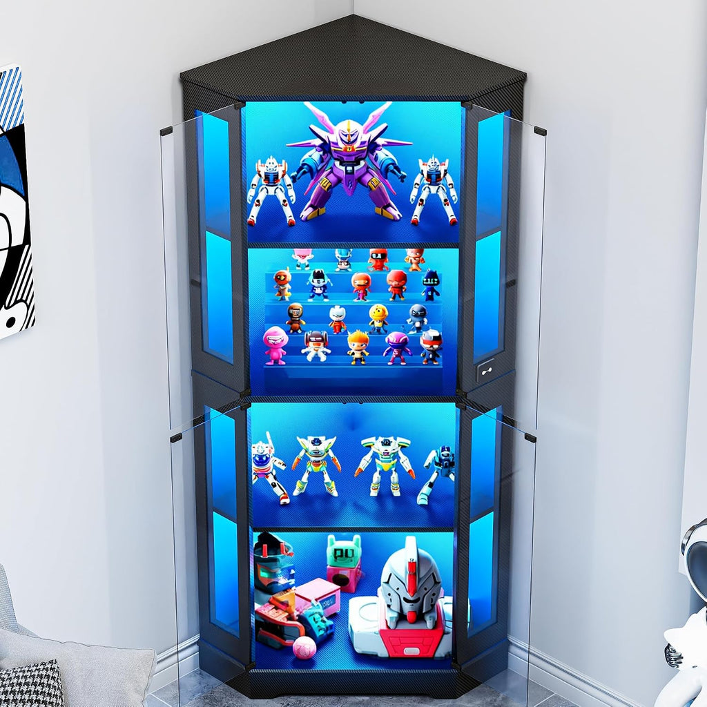 IRONCK 71 Inch Carbon Fiber Corner Glass Display Cabinet with Human Body Sensor & 6-Color LED Lights, 4-Tier Tempered Glass Display Case with 2 Adjustable Shelves for Collectibles, Toys, Black