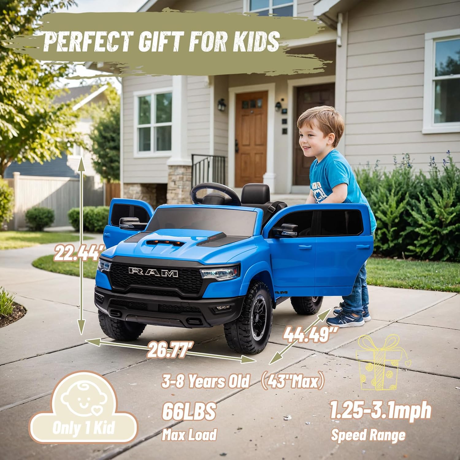 YOFE Ram 1500 RHO Ride on Car for Kids,12V Electric Truck Car with Remote,Kids Ride on Toy Car with Raised Windows,Safety Belt,Bluetooth,Music for Age 3-8 (Blue)