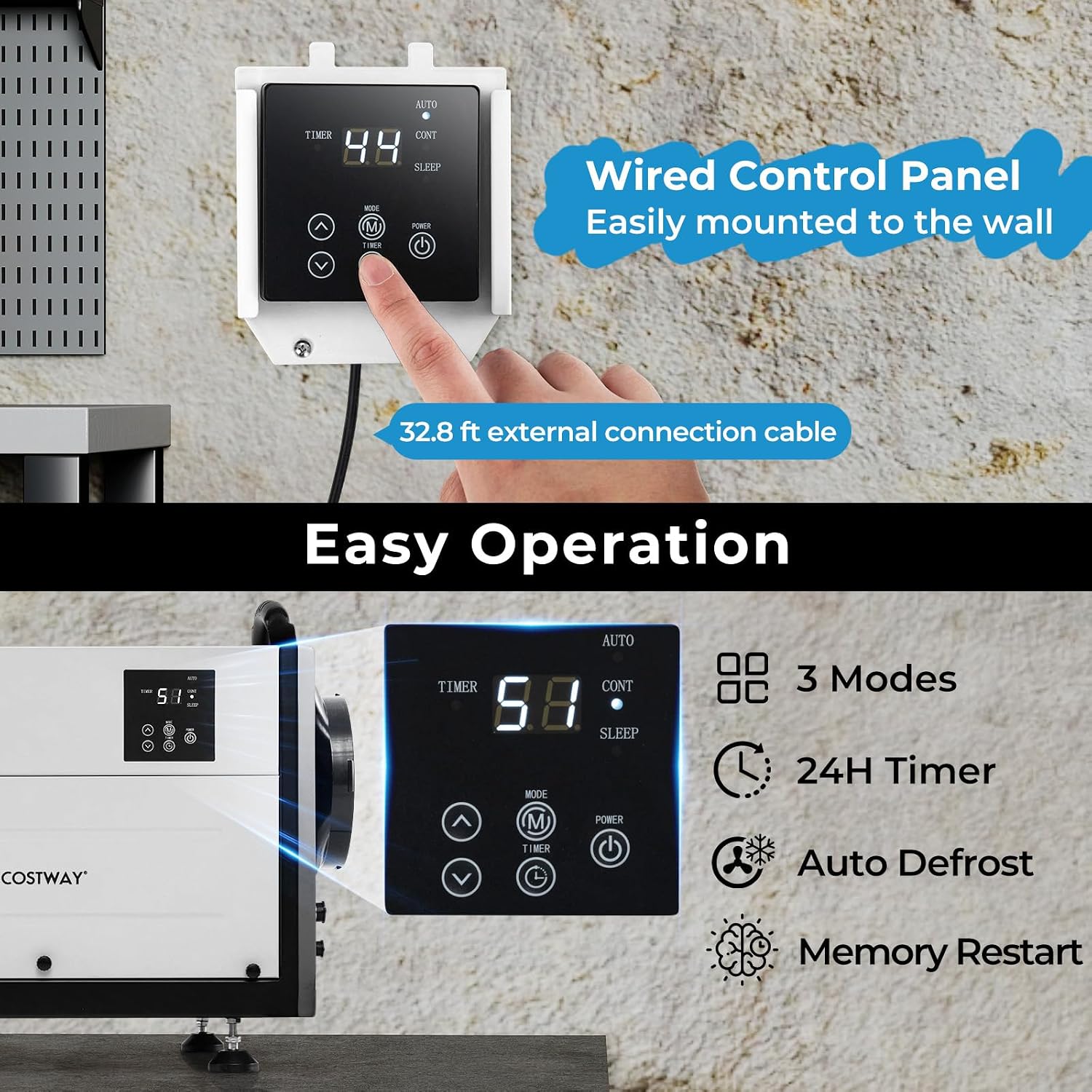 COSTWAY 124 PPD Commercial Dehumidifier, 1300 Sq.Ft Crawl Space Dehumidifier with 9.8 FT Drain Hose & Wired Remote Control Panel, Ideal for Basement, Warehouse, Job Site (White)