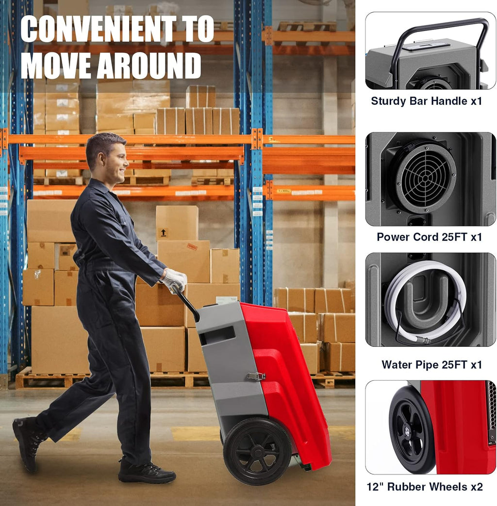 MOUNTO 180Pints Commercial Dehumidifier with Pump and Drain Hose, LGR Portable Dehumidifier with wheels for Home, Basements, Garages, and Job Sites. (Red)