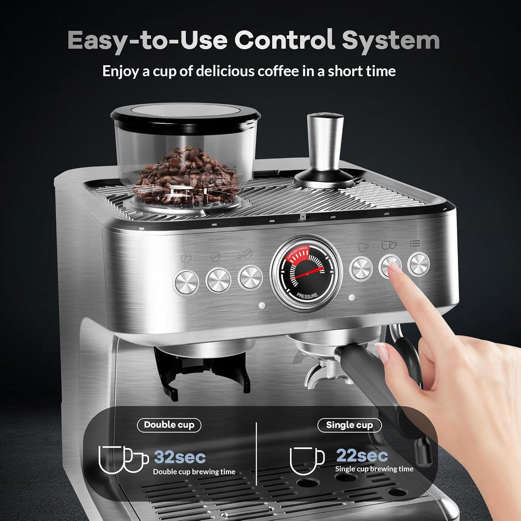 20 Bar Espresso Machine with Grinder & Milk Frother, Coffee Machine with 96Oz Removable Water Tank, Professional Espresso Maker for Home Café, Stainless Steel Coffee Maker for Cappuccino, Latte
