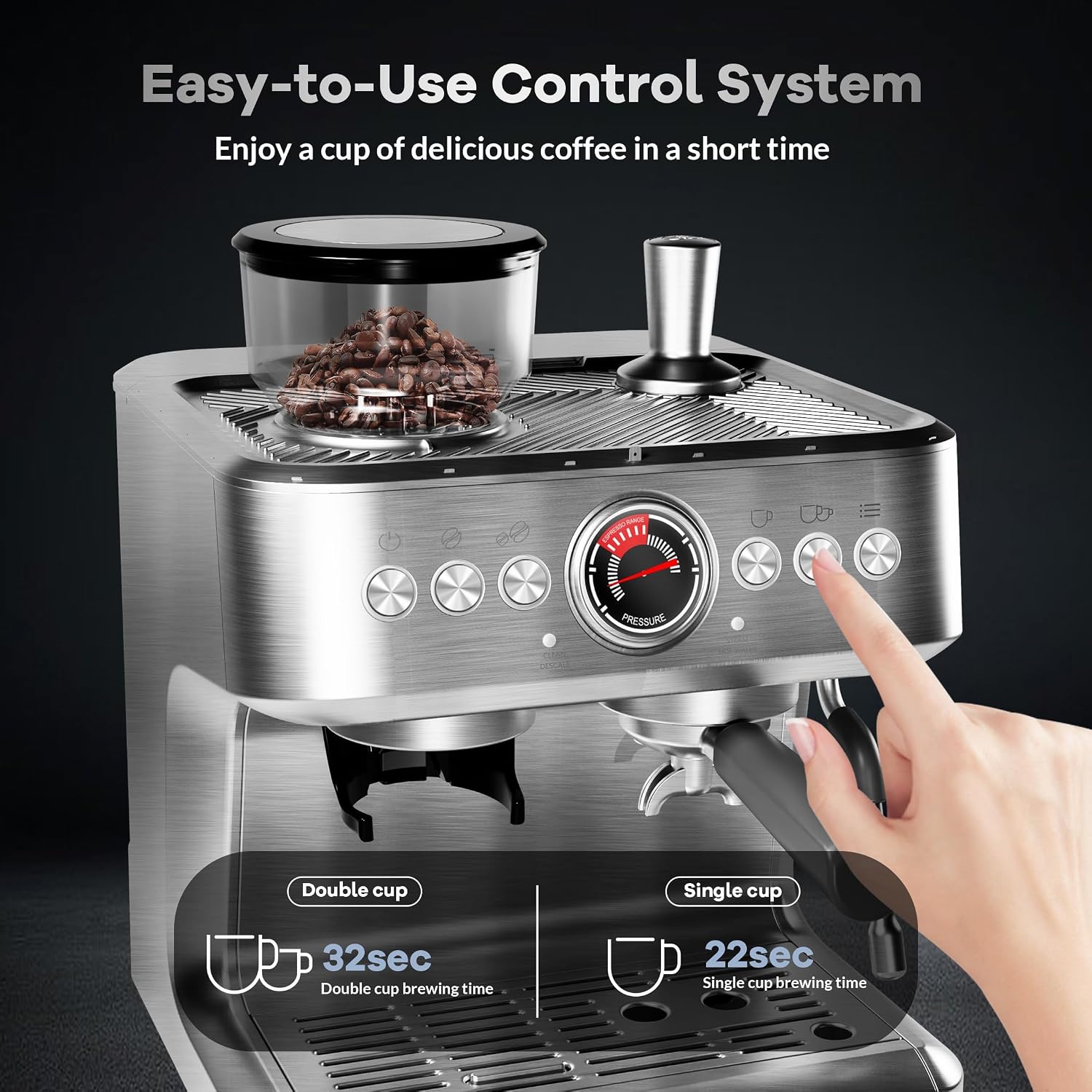 20 Bar Espresso Machine with Grinder & Milk Frother, Coffee Machine with 96Oz Removable Water Tank, Professional Espresso Maker for Home Café, Stainless Steel Coffee Maker for Cappuccino, Latte