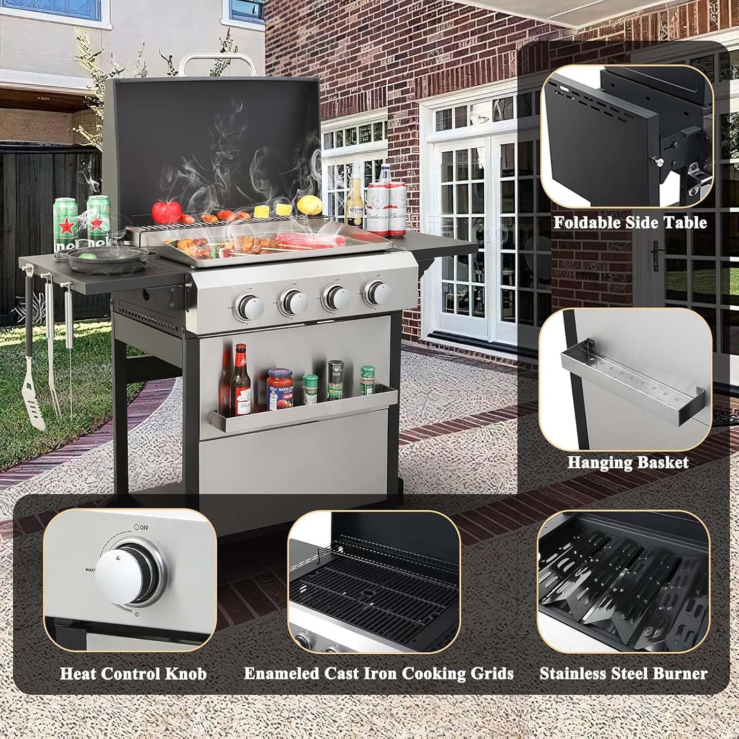 4-Burner Propane Gas BBQ Grill with Wire Enamel Cooking Grids&Plancha, 49,200 BTU Output Stainless Steel Grill with Foldable Side Table & Hanging Basket for Outdoor Backyard Barbecue