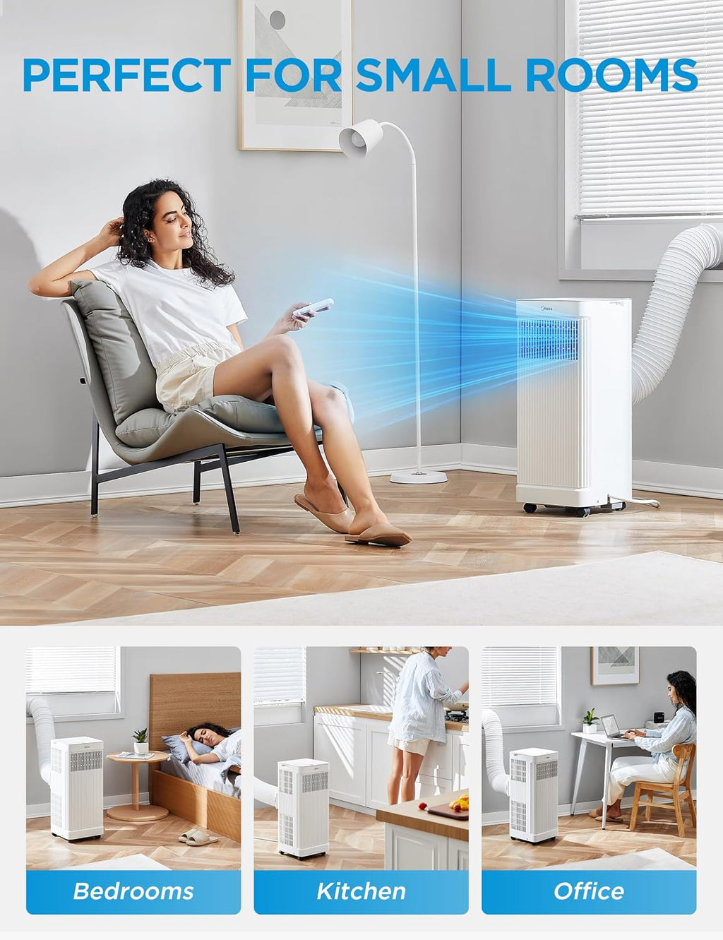 Midea 8,500 BTU ASHRAE (5,000 BTU SACC) Portable Air Conditioner, Smart Control, Cools up to 150 Sq. Ft., with Dehumidifier & Fan mode, Easy- to-use Remote Control & Window Installation Kit Included'