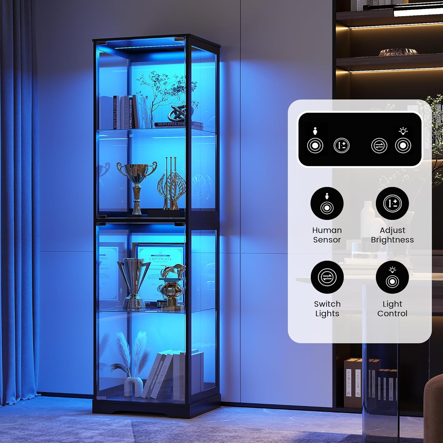 Glass Display Cabinet with Doors, 65' Tall 4-Tier Curio Display Case with 3 Color Lights and Human Body Sensor, Bookcase for Collectibles, Black