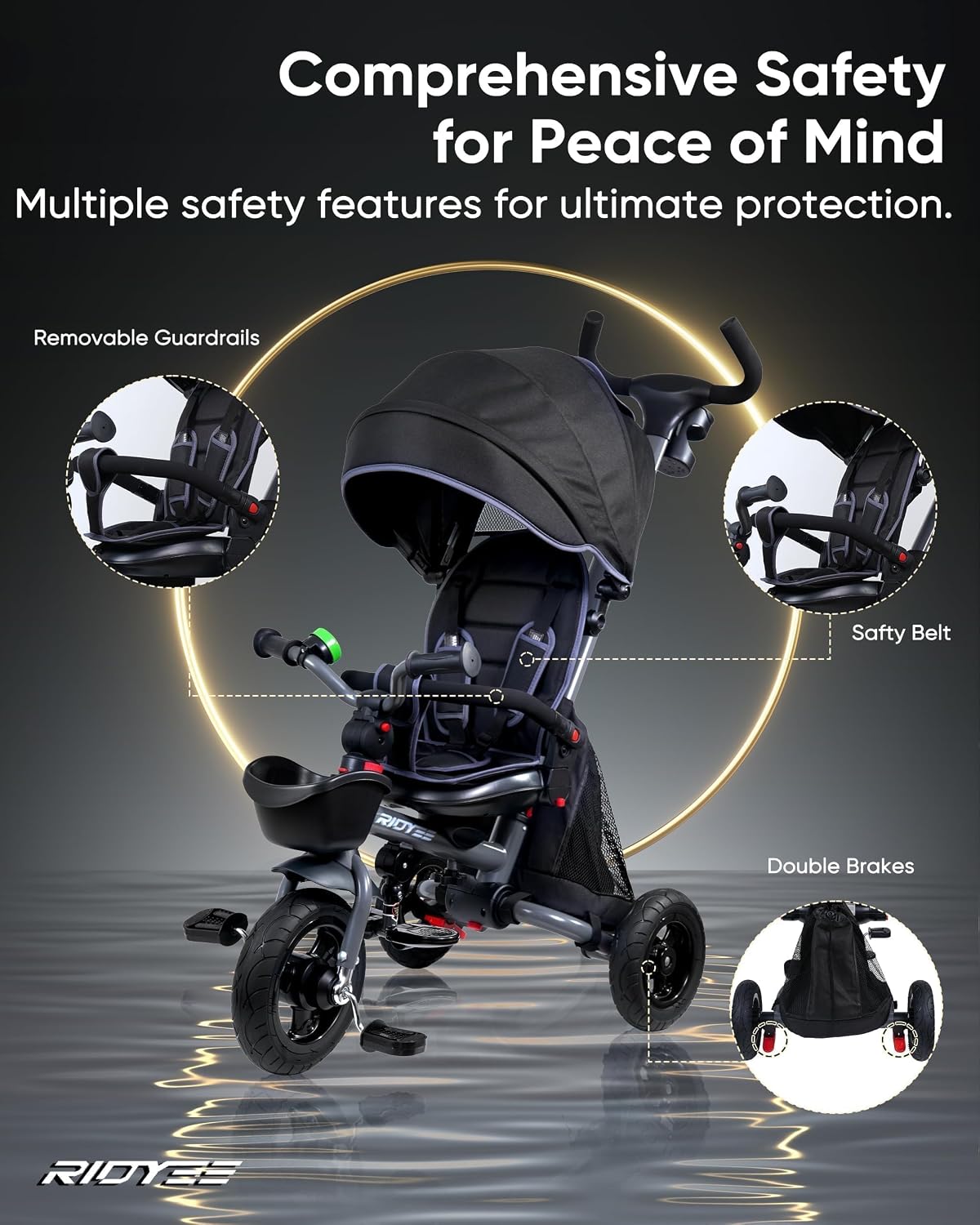 RIDYEE 7-in-1 Folding Toddler Tricycle for 18 Months to 5 Years, Tricycle Stroller with Dual Brakes, All-Terrian Rubber Tire, Tricycle for Toddlers with Rotatable Seat, Adjustable Push Handle, Grey
