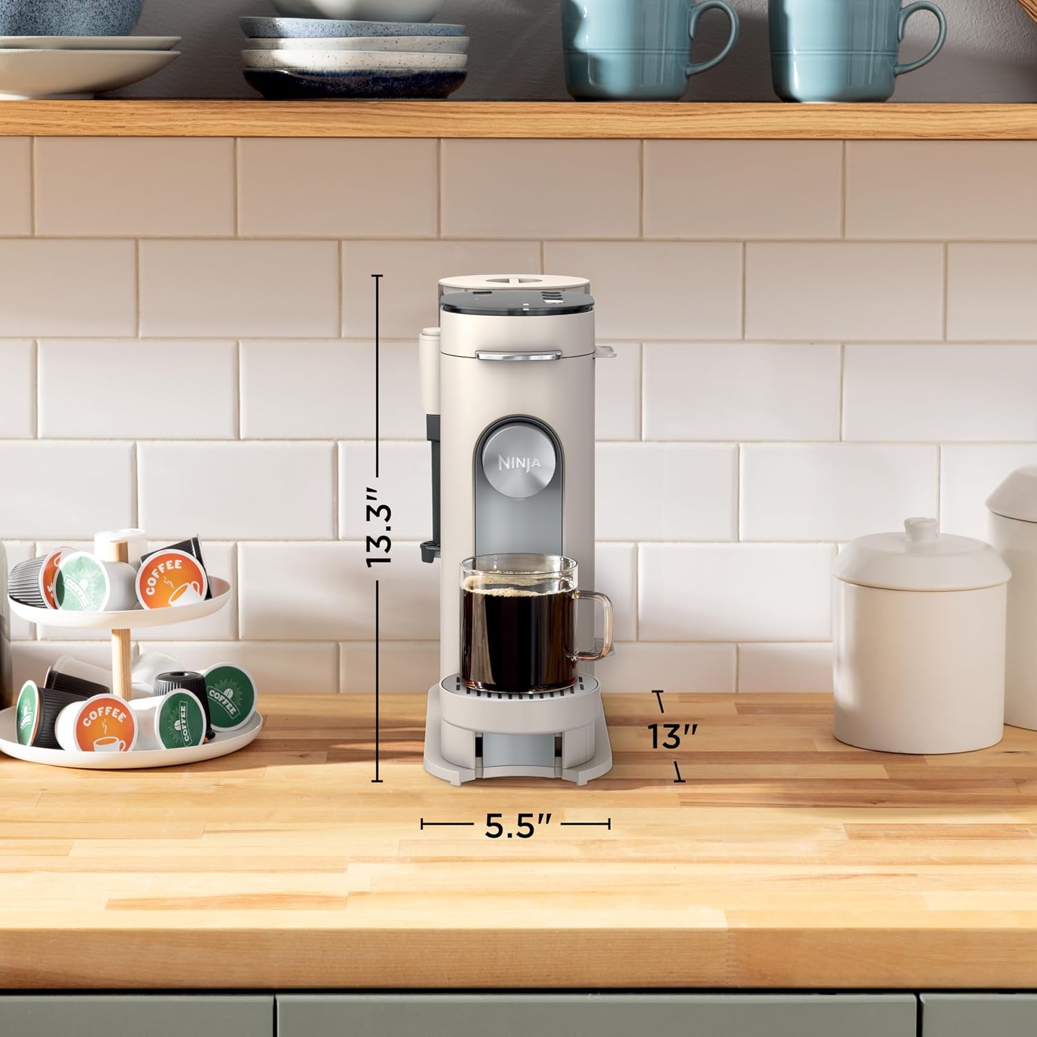 Ninja Pod & Grounds | Coffee Maker | XL Single-Serve | K-Cup Pod Compatible | Brews Grounds | Compact Design | Built-In Milk Frother | 68-oz. Reservoir, 6-oz. Cup to 24-oz. Mug Sizes | Stone |PB055AST