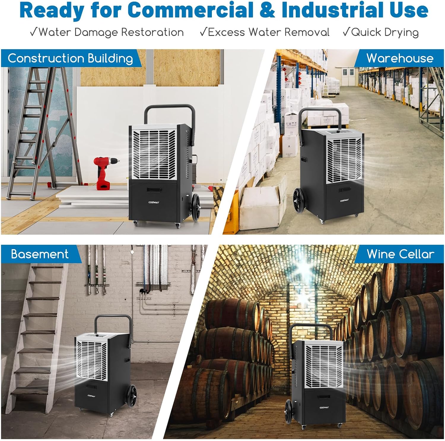 COSTWAY 163 Pints Commercial Dehumidifier, 4500 Sq.Ft Crawl Space Dehumidifier with Pump & Drain Hose, 24H Timer, for Basement, Warehouse, Job Site (White)