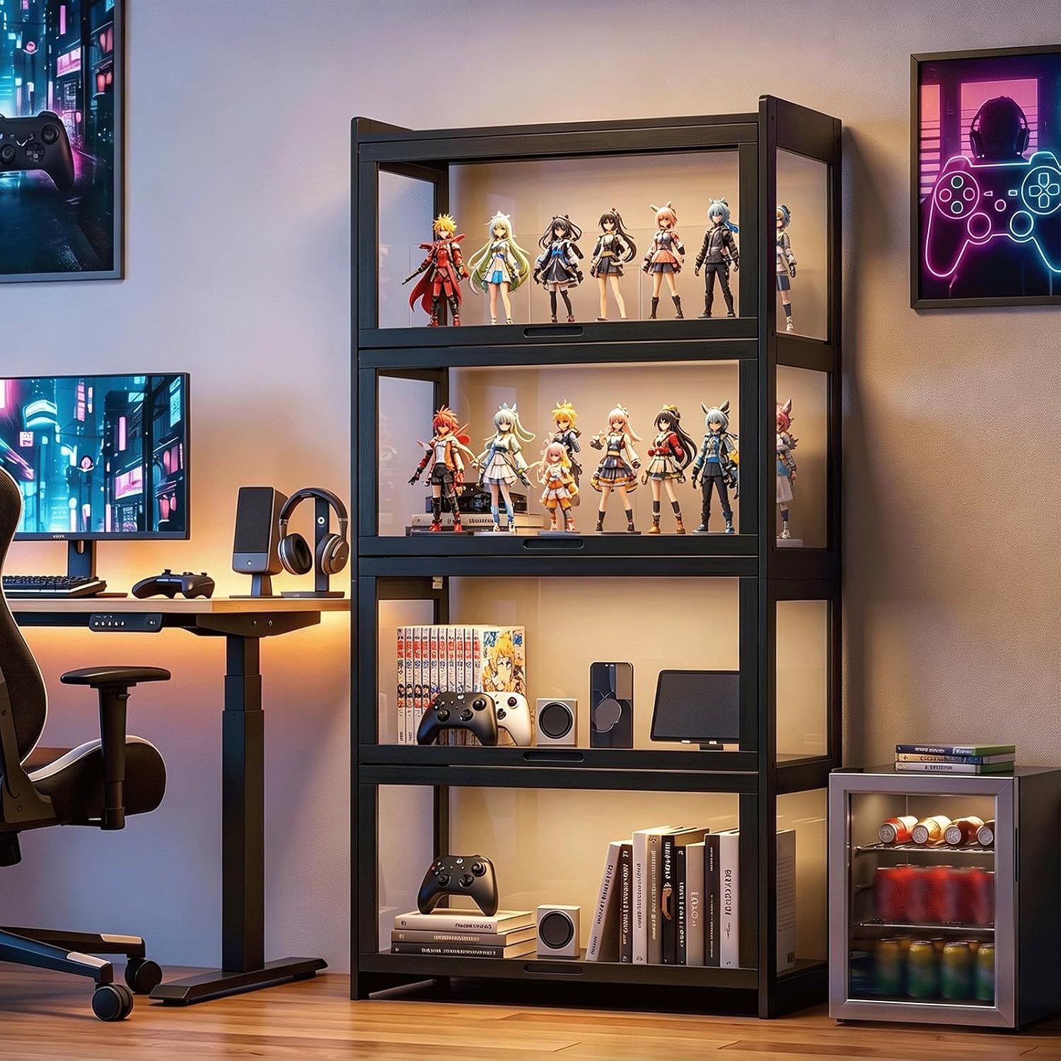 Magshion Display Cabinet with Acrylic Doors, 4-Tier Curio Cabinet for Collectibles, Display Case Showcase for Living Room, Office, 27.5'(L) x 13.5'(W) x 55'(H), Black