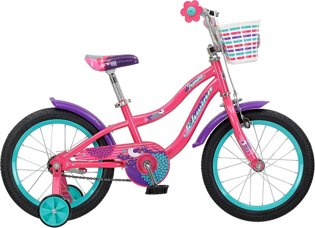 Schwinn Jasmine Kids Bike with Training Wheels, 16-Inch Wheels, Boys and Girls Ages 3-5 Years Old, Basket, Coaster and Hand Brakes, Perfect for Young Riders